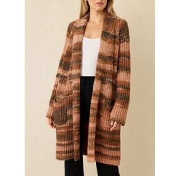 Skull Cashmere Open Striped Chunky Duster Cardigan Sweater Brown Pink Medium - Picture 1 of 10